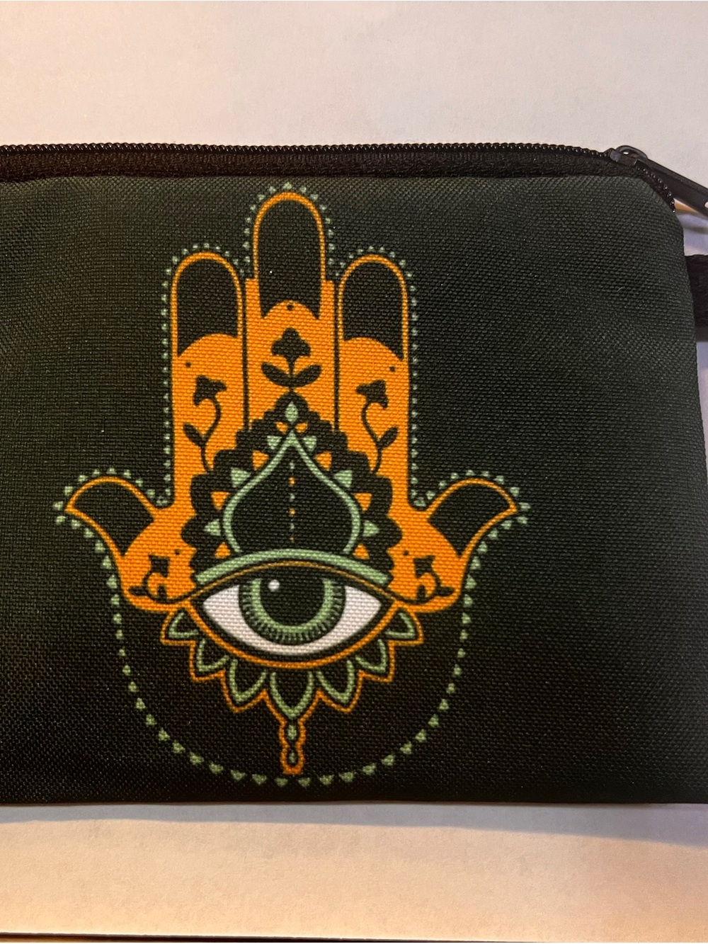 Hamsa Hand Zip Pouch Evil Eye Motif Orange & Green Coin purse makeup pouch bag